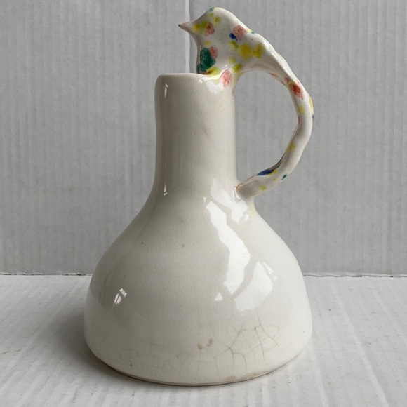 Creamy white bird handle pottery vase pitcher - Picture 1 of 13